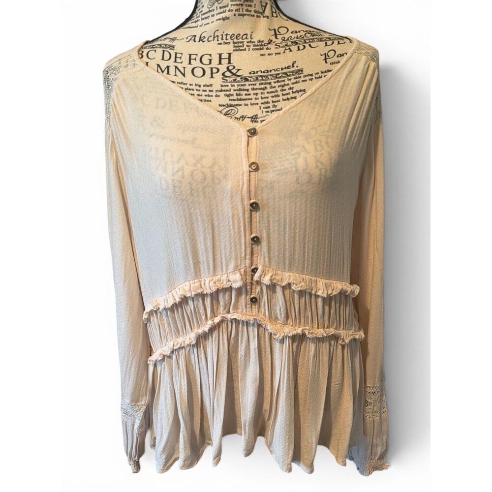 Sandy & Sid V-Neck Ruffle Button-Front Tunic Top Cream Large